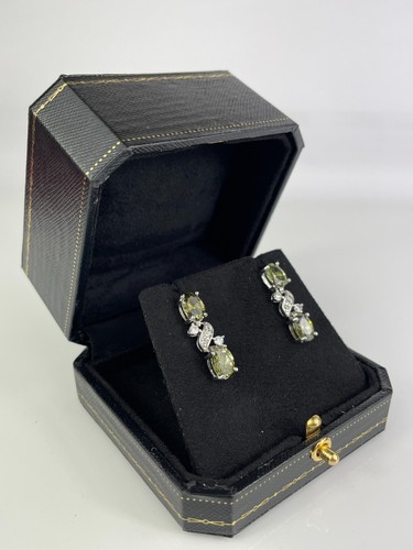WHITE GOLD FINISH Oval Cut Green Peridot and Round Cut Created Diamond Earrings - Picture 3 of 5