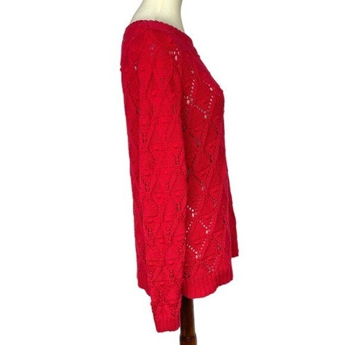 Tommy Hilfiger Sweater Womens Large Red Open Weave Knit 100% Cotton Crewneck - Picture 2 of 11