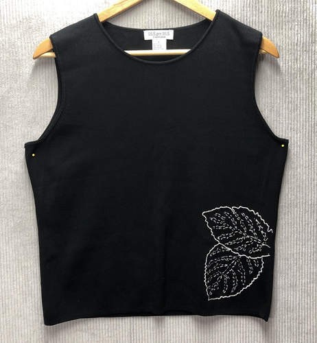Due Per Due Collection Top Size Large Black Sleeveless Embroidered Leaves Knit
