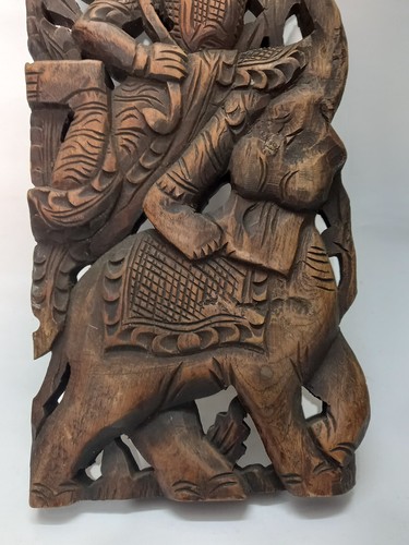 Hand Carved Vintage Asian Wall Art Warrior Riding Elephant Solid Wood Panel 44cm - Picture 8 of 20
