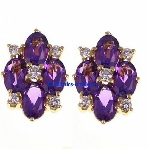 Natural Amethyst & CZ Gemstones 925 sterling silver Gold Plated Cufflinks #433A - Imagen 2 de 3
