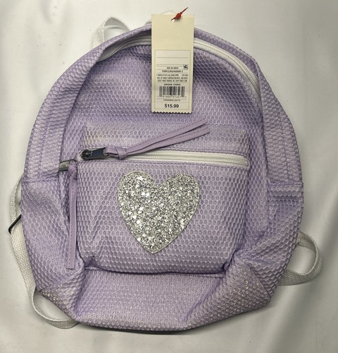 Cat & Jack Girl's Heart Applique Solid Backpack Purple Glittery lilac small NWT - Picture 5 of 6