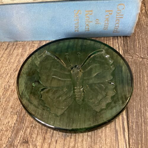 Vintage Blenko Style Paperweight Butterfly Green Round Art Glass Desk Coaster