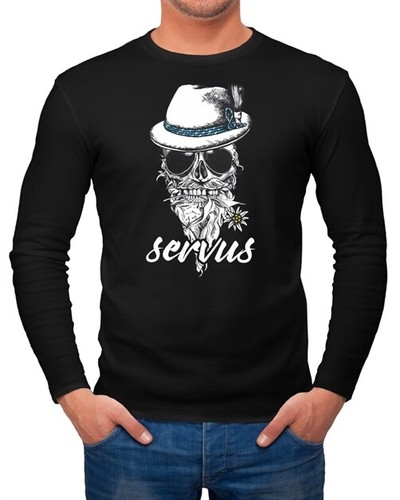Herren Long-Sleeve Totenkopf Filzhut Bayern Skull Blume Servus Fun-Shirt - Bild 1 von 2