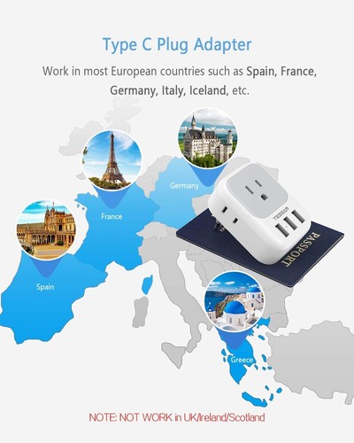 European Plug Adapter Travel Power Plug with 4 Outlets 3 USB Port to Spain Italy - Picture 5 of 25