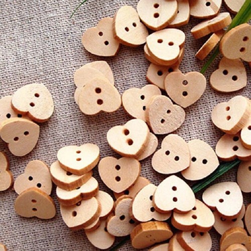 Lot of 10 - WOODEN BUTTON 2 holes, HEART / NATURAL ** 13 x 11 mm ** BB06 - Picture 1 of 2