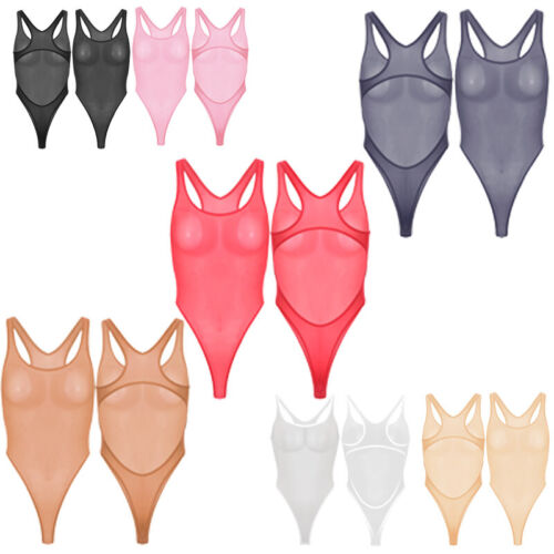 Womens Tights Swimwear Bodysuit Thong Leotard See Through Lingerie Sleeveless - Picture 6 of 44