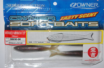 owner wounded minnow 3.5/" side swim or twitch bait green pumpkin black red flake