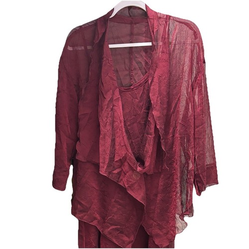Heydari 100% Chiffon Semi Sheer Burgundy M Waterfall Open Front Cardigan Lagen - Picture 1 of 10