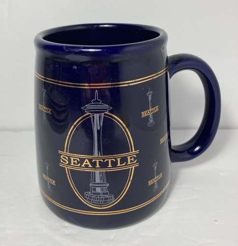 SEATTLE Space Needle Coffee Mug Cobalt Blue & Gold & Silver Double Sided 16oz - Imagen 1 de 8
