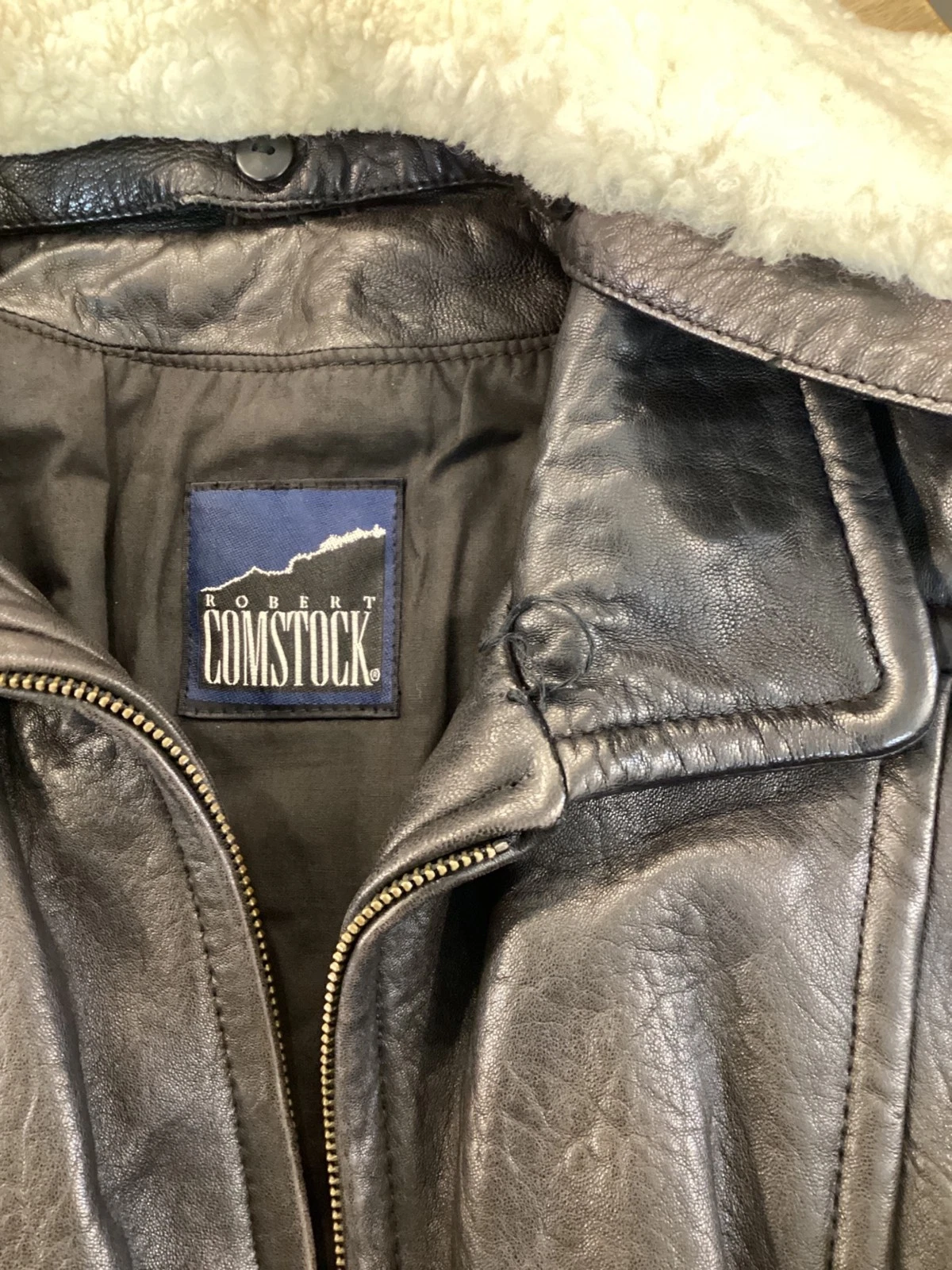 Robert Comstock Boa Collar Leather Jacket Men's Size S Black image 6
