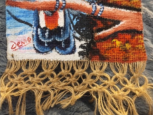 Handpainted  " Toucan " on jute weaving SIGNED Denio      7 3/4" x 16" - Picture 2 of 5