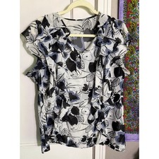 Women's Ruffle Blouse Abstract Floral Print Short Sleeve Sheer Top - Large