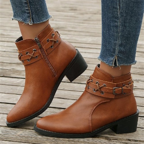 Damen Stiefeletten Blockabsatz seitlicher Reißverschluss Schnalle Gürtel Deko Herbst Winter Schuhe
