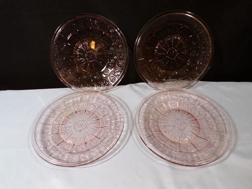 Set of 4 Jeannette Doric & Pansy Pink Depression Glass Childs Plates 5 7/8" Wide