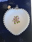 VTG. Fenton Violets in the Snow Silver Crest Milk Glass Heart Shaped Dish Mint!