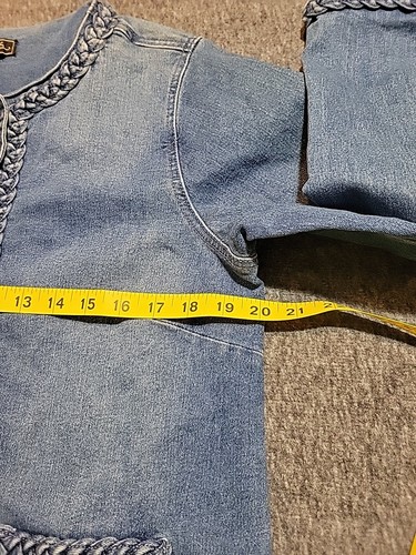 Dg2 Diane Gilman Denim Jacket Sz MED Dark Wash Faded Lattice Braided Stretch  - Picture 4 of 12