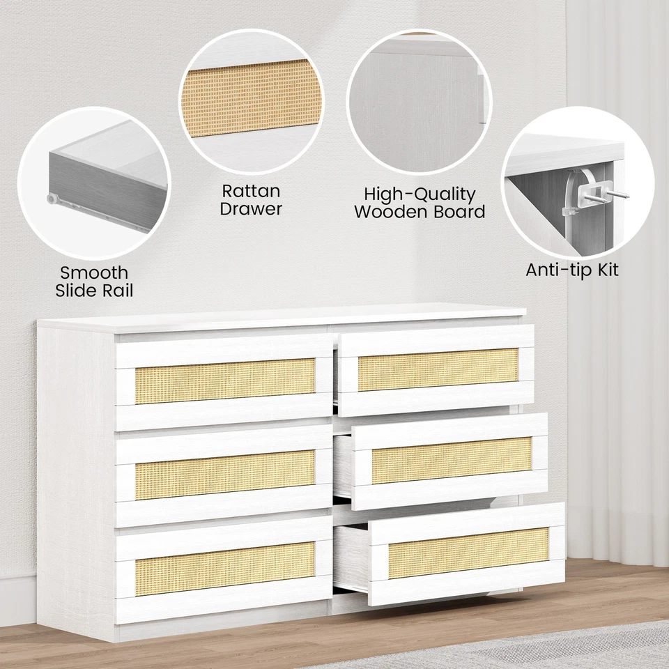 Wooden Rattan Bedroom Chest of Drawers with 6 Drawers for Home Bedroom White - image 3 of 4