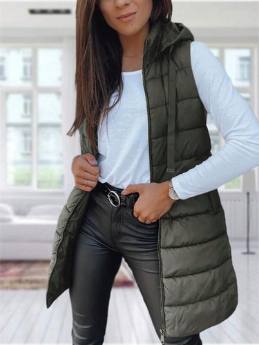 Women Long Vest Solid Color Sleeveless Hood Winter Puffer Vest Outwear - Picture 4 of 39