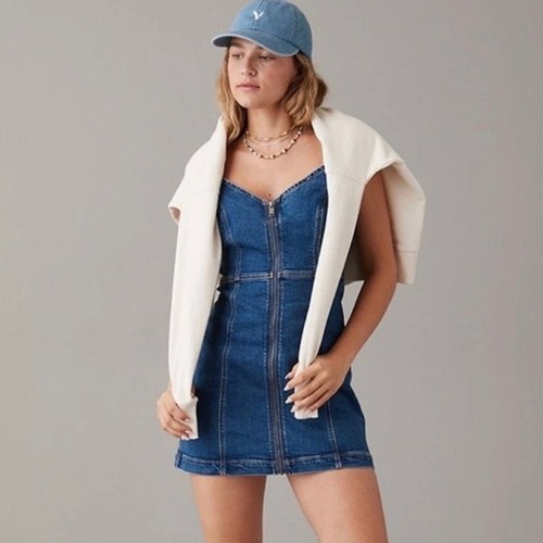 American Eagle Denim Stretch-Minikleid Reißverschluss vorne Damen Größe XL adrett klassisch
