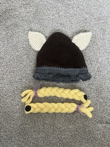 Handmade Crocheted Infant Viking Hat Removable Braids, Perfect for Photo Shoots! - Picture 3 of 6