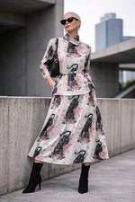 Vintage 70s/80s Two Piece Tiger Print Midi Pleated Skirt Turtleneck Jersey 38-40
