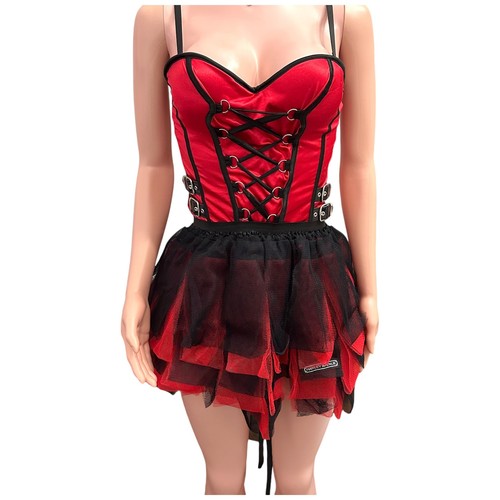Sexy Disfraz Burlesco 3 Piezas Rojo Negro Corsé Tutú Encaje Máscara Mascarada Mediana - Imagen 5 de 10