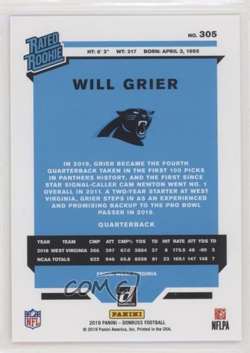 2019 Panini Donruss Rated Rookie Will Grier #305 Rookie RC - Bild 2 von 3