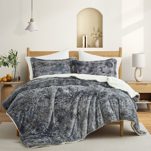 3-Piece Reversible Plush Sherpa Down Alternative Comforter Foggy Gray Full - Que - Picture 2 of 5