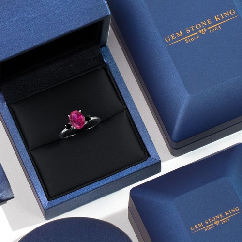 2.20 Ct Oval Red Created Ruby Black Diamond 14K White Gold Ring - Picture 5 of 6