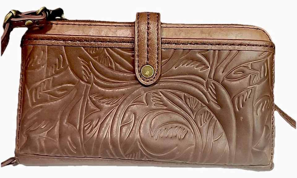 Bolso sin asas bandolera The Sak cuero hecho a mano floral marrón correa cremallera Foto 2 de 4