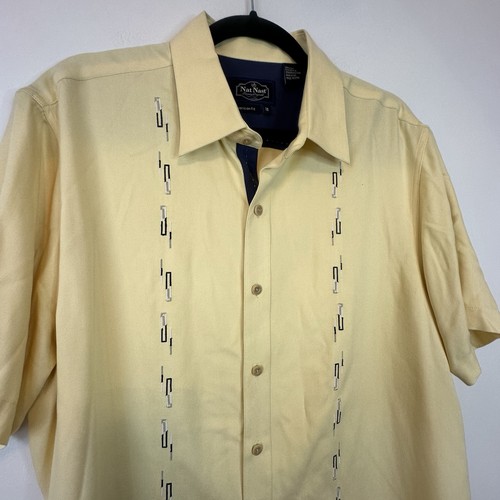 NAT NAST Men Shirt Yellow Blue Button Up 100% Silk Bartender Bowler Retro Medium - Picture 2 of 14