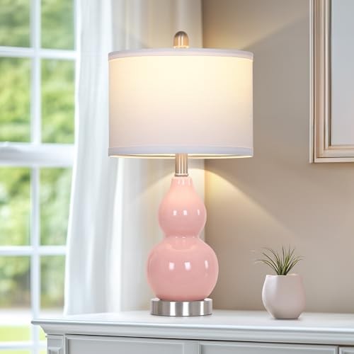 Double Gourd Ceramic Table Lamps Set of 2, Modern Pink Bedside Lamps for Night - Picture 5 of 6