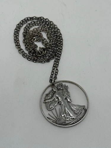 1945 Walking Liberty Cut Silver Coin / Sterling Silver Chain