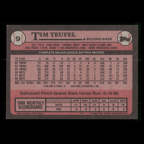 Tarjeta de béisbol Tim Teufel #9 1989 Topps New York Mets MLB - Imagen 2 de 3