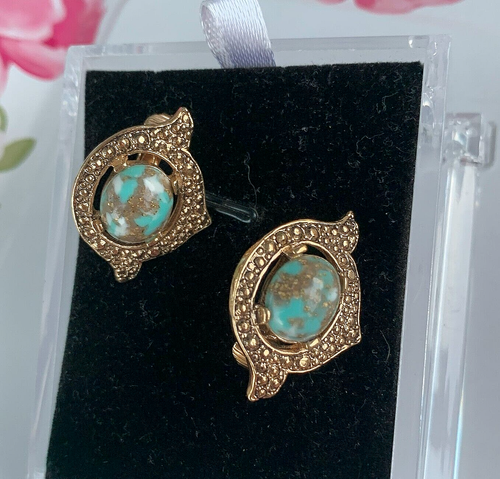 SIGNED SARAH COVENTRY REMEMBRANCE TEAL COPPER GLITTER CABOCHON CLIP  EARRINGS - Afbeelding 2 van 7