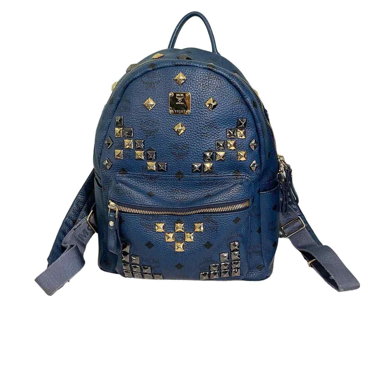 MCM Munchen Blue Leather Embellished Golden & Silver Studded MCM Munchen Blue Leather Embellished Golden & Silver Studded