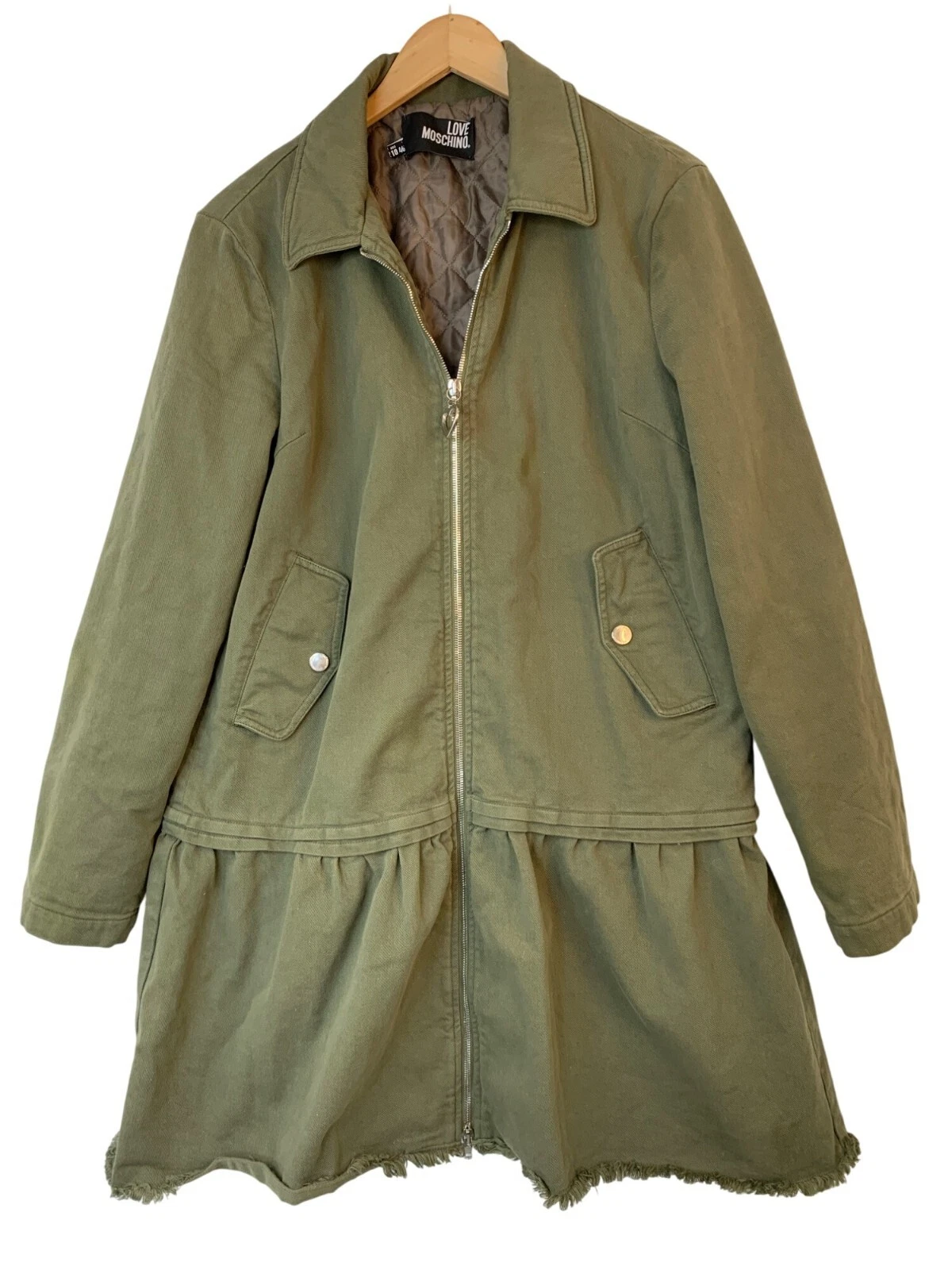 Raro abito cappotto Love Moschino oliva vita bassa A Line zip intera taglia 10 10034