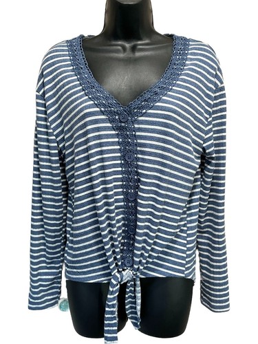 Fred David Blue/White Striped Tie Waist Long Sleeve V-Neck Button Top Size M