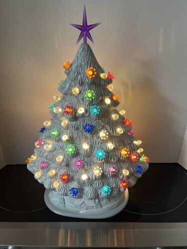 18 Inch Grey With White Dry Brush Ceramic Christmas Tree, Scene On Bottom, - Picture 4 of 8