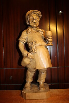 ANTIQUE 20'' HAND CARVED WOOD BARTENDER INNKEEPER FIGURE STATUE SCULPTURE CARVING