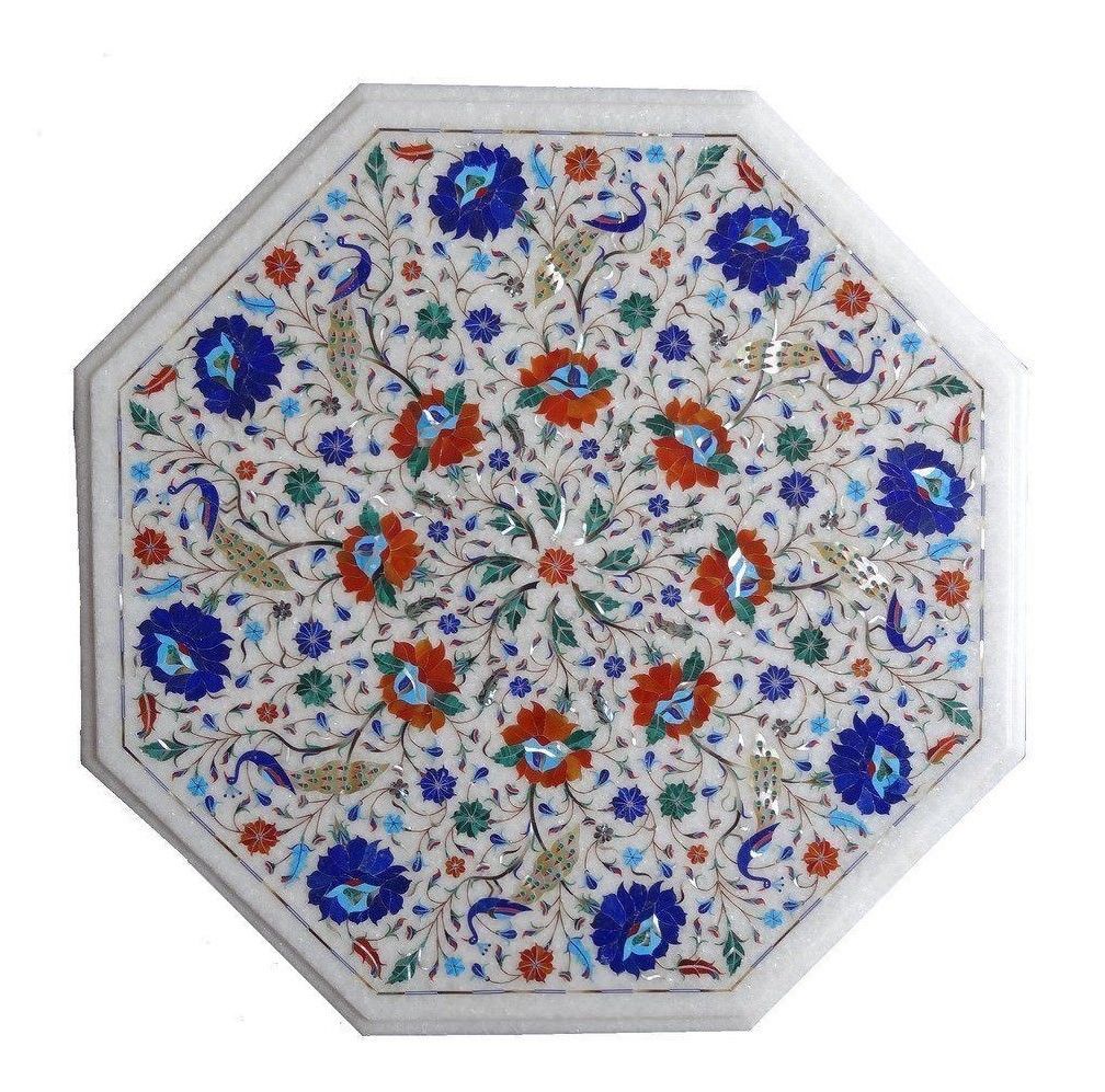 21 Inch White Marble Octagon Coffee Table with Semi Precious Stone Inlay