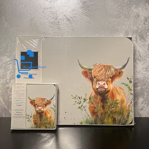 Set of 6 Grey Floral Highland Cow Placemats & 6 Coasters Dinner Table Mats - Picture 4 of 4