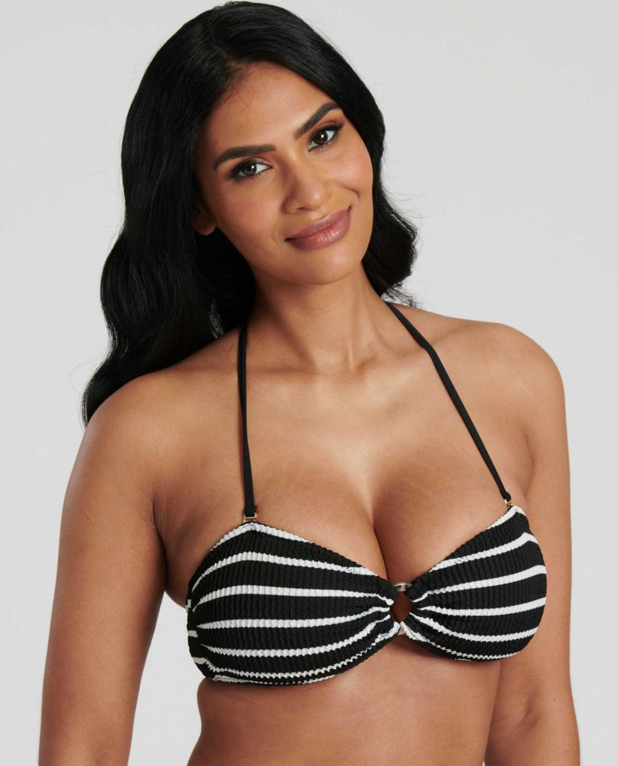 South Beach Black Stripe Crinkle Bandeau Ring Bikini Top - UK 8