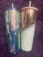 Starbucks Holiday Tumbler Mirror Glitter Rose Gold & Blue Snowflake Cups 24 oz