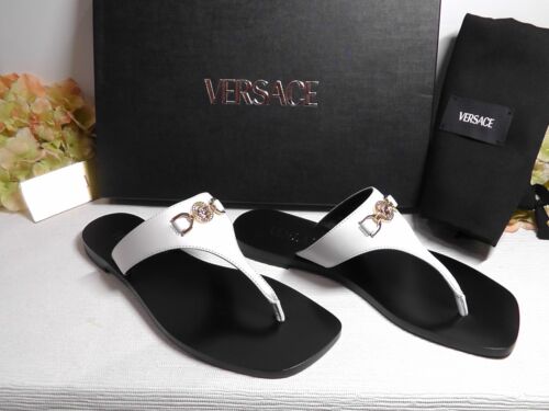 VERSACE Women's Medusa WHITE/BLACK Leather Thong Slide Sandal Size 9 US **$675 - Picture 2 of 15