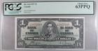 1937 Bank of Canada $1 Banknote Bc-21d Pcgs Ms63Ppq High Grade Uncirculated Note