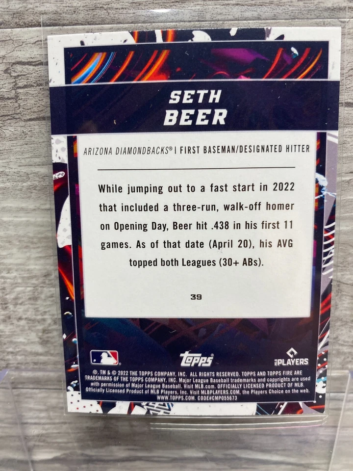 2022 Topps Fire MLB Baseball Flame (Red) SETH BEER Rookie Diamondbacks RC #39 - Image 2 of 2