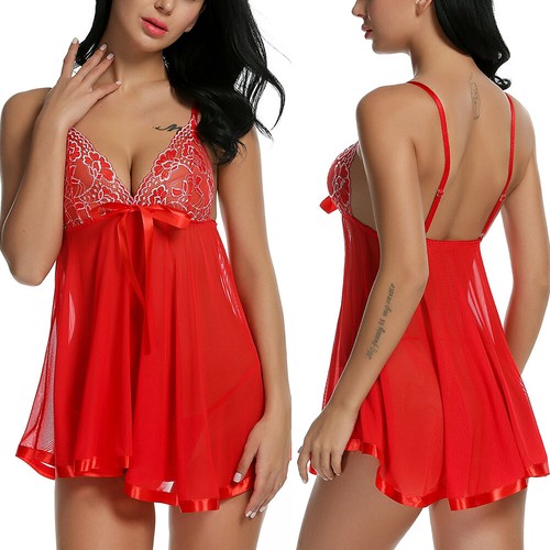 Sexy Womens Lace Sheer Lingerie Teddy Dress V-neck Babydoll Sleepwear Nightdress - Picture 15 of 16
