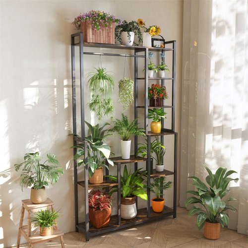 Extra Tall Indoor Plant Stand Metal Patio Organization with Shelves and Hanging - Picture 3 of 12